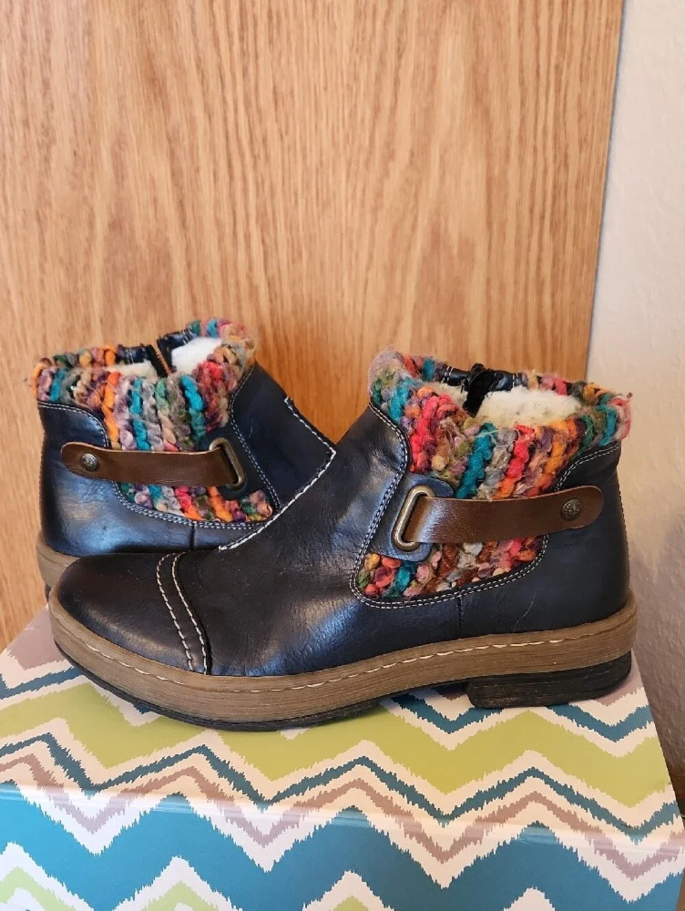 Rieker Navy Leather Ankle Boots with Multicolor Knit Cuff